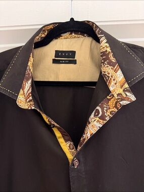 ENVY Brown Slim Fit Men's Shirt Jacket with Yellow and Brown Paisley Trim.